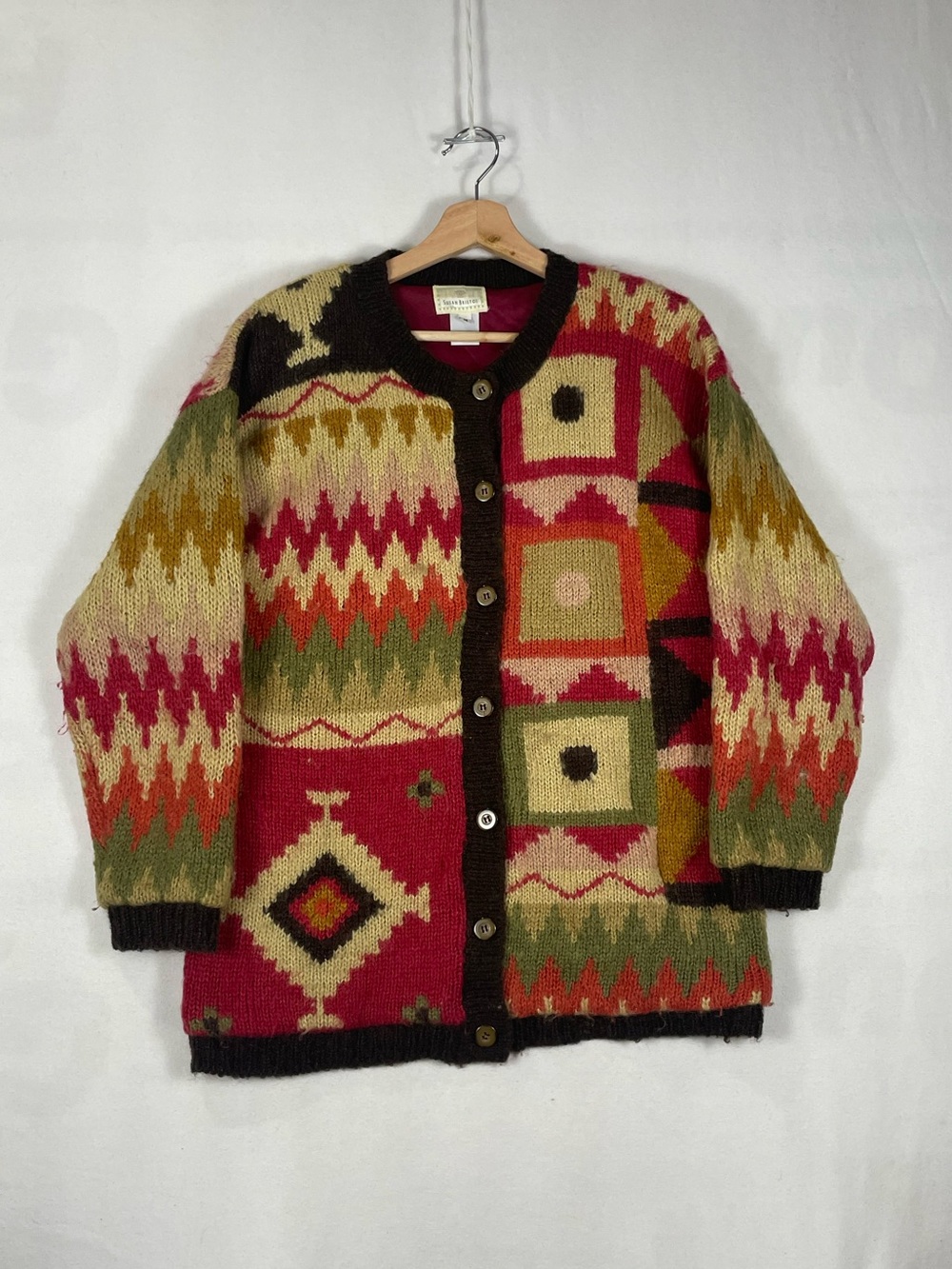Vtg Susan Bristol Mohair Wool Acrylic Nylon Blend Button Cardigan Geometric Sz M